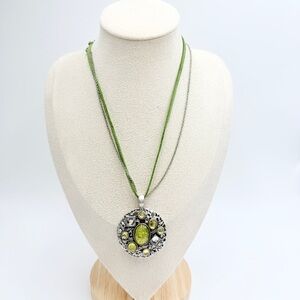 Lia Sophia Green Pendant Necklace Silver Tone Mixed Media Long Necklace